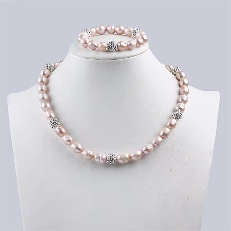 Natural Pink Freshwater Pearl 9–10mm Bridal Necklace & Bracelet Set