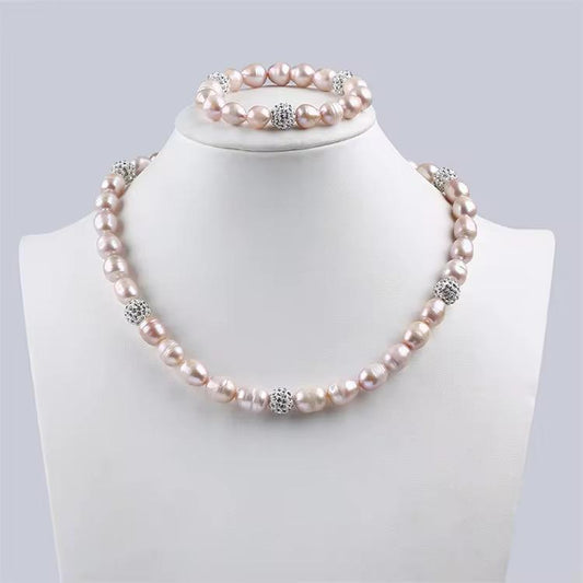Natural Pink Freshwater Pearl 9–10mm Bridal Necklace & Bracelet Set