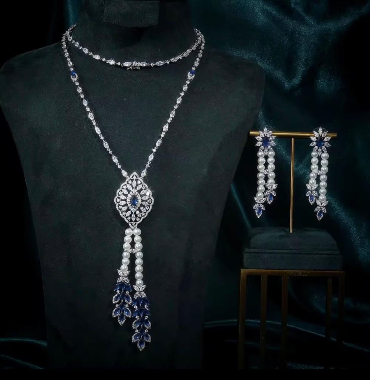 Fashion Pearl & Blue Tassel Jewelry Set